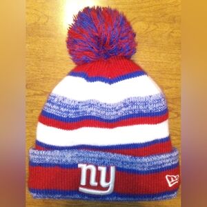 NY Giants New Era Red White Blue Knit Beanie With Stitched Cuff And Pom